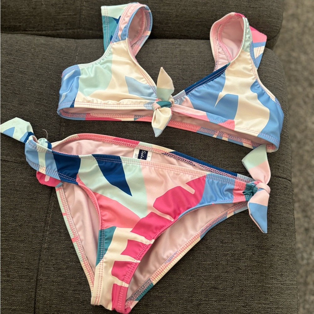Splendid Girls Blue Mosaic Palm Two Piece Swimsuit Size 12